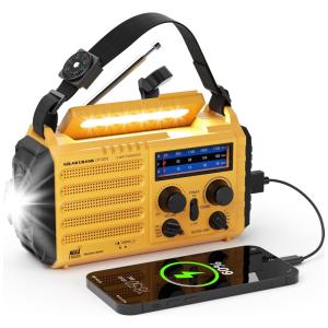 Rádio AM FM SW e NOAA 2000mAh Bateria Solar Manivela de Recarga Carregador USB, PPLEE CR1009, Amarelo