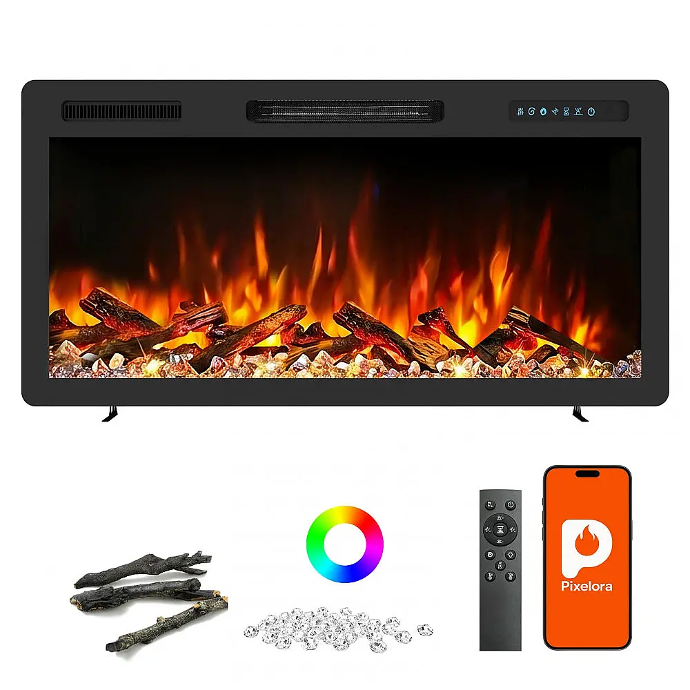 Lareira Elétrica Pixelora 91x46cm 1500W App WiFi Chamas 3D 12 Cores Embutir 110V