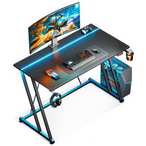 Mesa Gamer 39" 99 cm com Textura de Fibra de Carbono, Gancho para Fone de Ouvido, Tomadas, 1 Portas USB e Luz LED, 110V, MOTPK