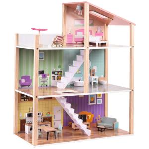 Wooden Casa de Bonecas de Madeira com 17 Acessórios 3 Andares para Crianças a partir de 3 anos