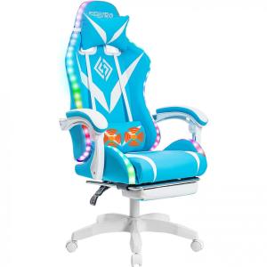 VANSPACE Cadeira Gamer Ergonômica Reclinável com Apoio Lombar e Cabeça, Azul e Branca