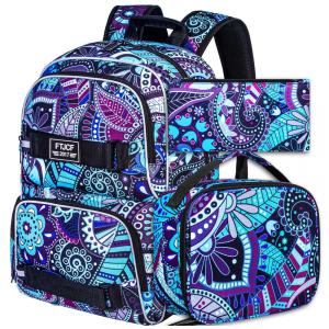 Mochila AGSDON 3 em 1 roxa escura com estampa floral, para notebook 17", com lancheira e estojo
