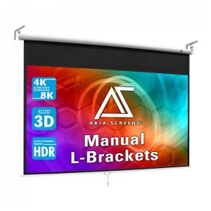 Tela de projeção manual 100" Akia Screens 16:10 MaxWhite 2 carcaça branca com suporte L‑Bracket