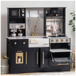 Mini Cozinha Educativa ROBUD para Crianças, Brinquedo de Madeira com Máquina de Gelo, Cafeteira e Forno, Conjunto Realista de Brincar