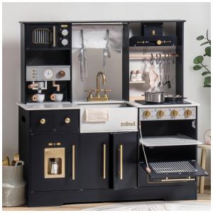 Mini Cozinha Educativa ROBUD para Crianças, Brinquedo de Madeira com Máquina de Gelo, Cafeteira e Forno, Conjunto Realista de Brincar