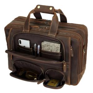 Bolsa Carteiro Masculina de Couro Genuíno para Laptop com 17,3 Polegadas e Fecho em Zíper, Texas, Marrom