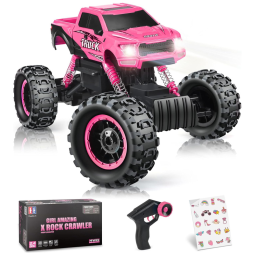 Carrinho de Controle Remoto Off Road, Escala 1:12 com Duplo Motor e Luzes para Crianças de 5 a 12 Anos, DOUBLE E Monster Truck, Rosa