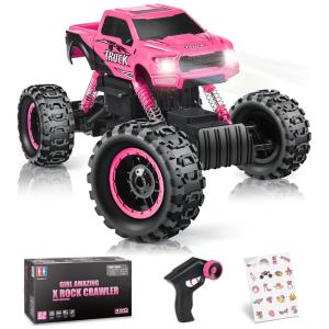 Carrinho de Controle Remoto Off Road, Escala 1:12 com Duplo Motor e Luzes para Crianças de 5 a 12 Anos, DOUBLE E Monster Truck, Rosa