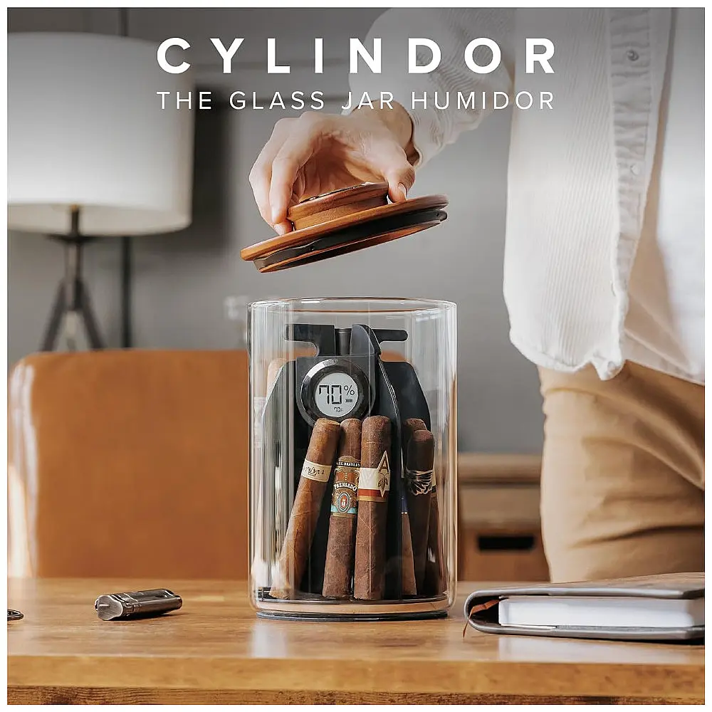 Humidor de Charutos Case Elegance Cylindor Marrom Vedação Hermética Tampa Acácia Sistema Divisório 25-35 Charutos — foto 2