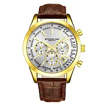 Relógio Cronógrafo Stuhrling Rialto 3975L Mostrador Prateado Detalhes Amarelos Pulseira Couro Marrom Fivela Dourada
