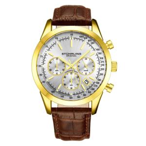 Relógio Cronógrafo Stuhrling Rialto 3975L Mostrador Prateado Detalhes Amarelos Pulseira Couro Marrom Fivela Dourada