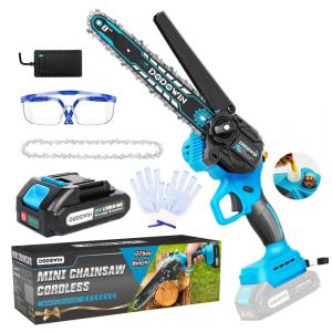 Mini Motosserra Elétrica sem Fio com Bateria de 21V Recarregável, Inclui Corrente e Acessórios, DODOWIN, Azul