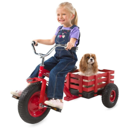 Triciclo Infantil com Guiador Vertical de 25H e Vagão de Madeira Anexado, até 50 kg, Magic Cabin, Vermelho