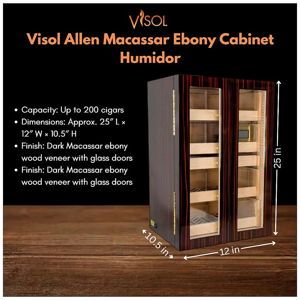 Humidor Visol Allen Macassar Marrom-escuro 200 Charutos Porta-vidro Higrômetro Digital — foto 2