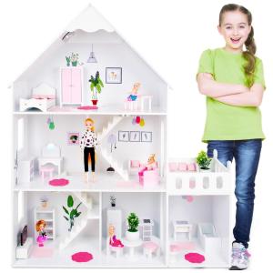 Casa de Bonecas em Madeira com 118 cm de Altura, 3 Andares e 7 Quartos para Crianças Acima de 3 Anos, Kinderplay, Branca