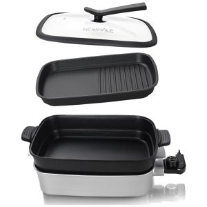 Panela Elétrica Multifuncional 2 em 1 com Revestimento Antiaderente e Temperatura Ajustável, 110V 1400W, AEWHALE, Prata