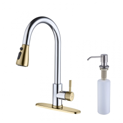 Torneira Cozinha com Dispensador de Sabão, Pulverizador de 3 Modos, Aço Inoxidável, Keer, Cromada e Dourada