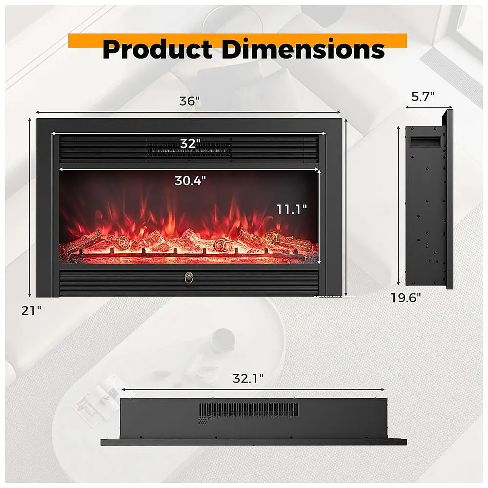 Lareira Elétrica Costway 91x53cm 1500W Chamas LED 3 Cores Embutir 110V — foto 3