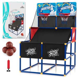 Jogo de Basquete Arcade Infantil para 2 Jogadores com 4 Bolas e Bomba de Ar para Ambientes Internos e Externos, Giantex, Azul e Vermelho