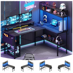 Mesa Gamer em L Aheaplus Carvalho Cinza com Tomadas Elétricas, Luzes LED, Suporte para Monitor e Prateleiras, 49 polegadas (124 cm)