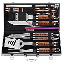 Kit Churrasco na Grelha 25 Peças de Aço Inoxidável e Escova de Limpeza com Estojo de zenamento, ROMANTICIST grill accessories, Marrom