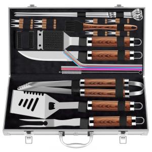 Kit Churrasco na Grelha 25 Peças de Aço Inoxidável e Escova de Limpeza com Estojo de zenamento, ROMANTICIST grill accessories, Marrom