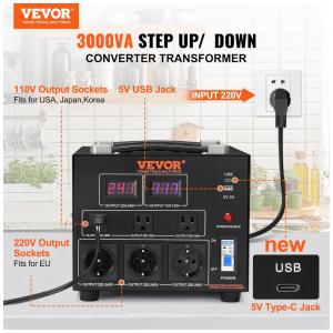 Transformador (Conversor) de Voltagem VEVOR 3000W Elevação/Redução 110V para 220V/220V para 110V 3 US 3 EU USB Type-C 2 LED CE ETL FCC
