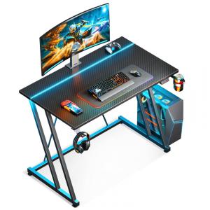 Mesa Gamer 31.5" 80 cm com Textura de de Fibra de Carbono, Gancho para Fone de Ouvido, Tomadas, 1 Portas USB e Luz LED, 110V, MOTPK