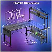Mesa Gamer em L Aheaplus Carvalho Preto LED RGB 60000 Cores Tomadas USB 4 Prateleiras 150cm, Modelo AP-59DGJDK-BO