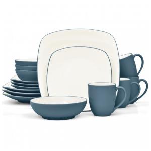 Aparelho de Jantar para Todas as Ocasiões com 16 Peças, Formato Quadrado e Material de Cerâmica, Noritake, Azul