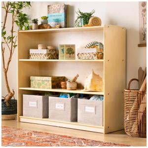Estante baixa Guidecraft EdQ 3-Shelf Open Storage Natural com 3 prateleiras abertas e 3 caixas de tecido 91cm