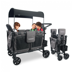 Carrinho de Passeio para 4 Crianças Multifuncional com Cobertura Removível e Dobramento, até 136 kg, WONDERFOLD W4, Cinza e Preto