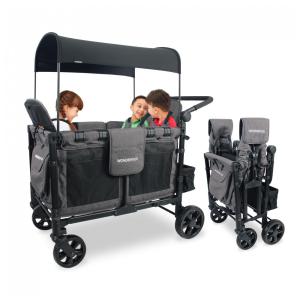 Carrinho de Passeio para 4 Crianças Multifuncional com Cobertura Removível e Dobramento, até 136 kg, WONDERFOLD W4, Cinza e Preto
