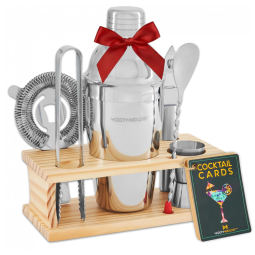 Kit Bn Profissional 8 Peças em Alumínio com Suporte de Madeira, MODERN MIXOLOGY Silver, Prateado