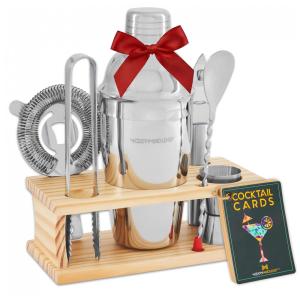 Kit Bn Profissional 8 Peças em Alumínio com Suporte de Madeira, MODERN MIXOLOGY Silver, Prateado