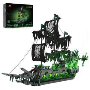 Kit de Construção Navio Fantasma Flying Dutchman com Luzes e 1100 Peças, JMBricklayer, Preto e Verde