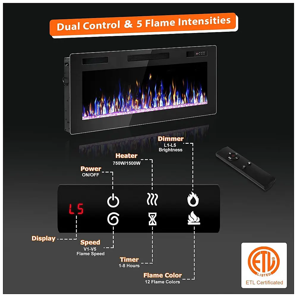 Lareira Elétrica VENDORZ 91x46cm 1500W 12 Cores LED Timer Embutir 110V — foto 3