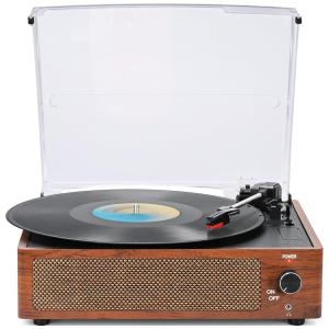 Toca-discos Clássico de Vinil com Alto-falantes Retrô, Suporte para 3 Velocidades, Bluetooth e Entrada para Fones de Ouvido - Tamanho