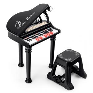 Piano Teclado Infantil com 31 Teclas, Banco, Microfone e Modo Ensino LED, Costzon, Preto