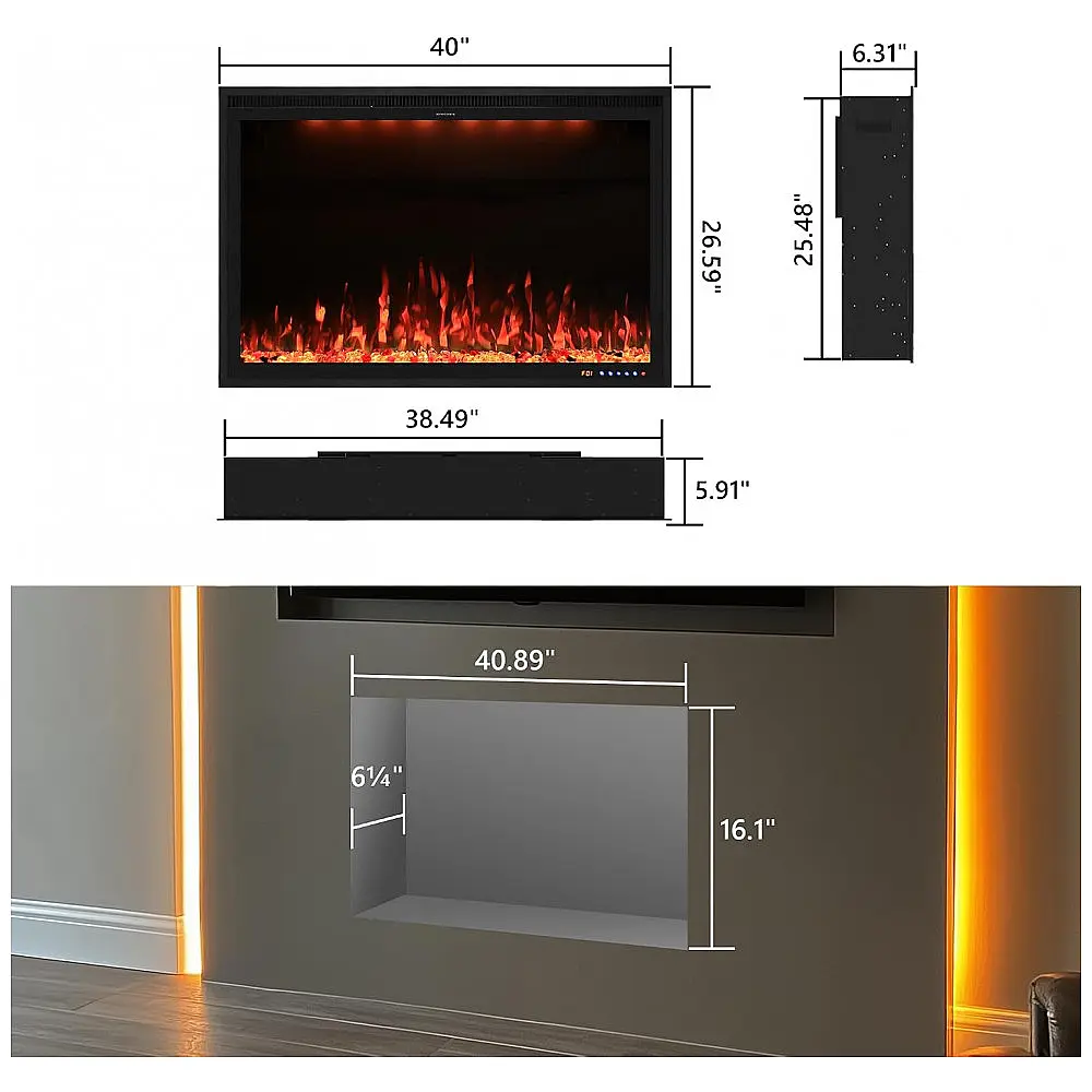Lareira Elétrica Embutida Valuxhome 101,6 cm com Aplicativo, Tela de Toque, Controle Remoto e Cores Personalizadas, Aquecedor Interno — foto 3