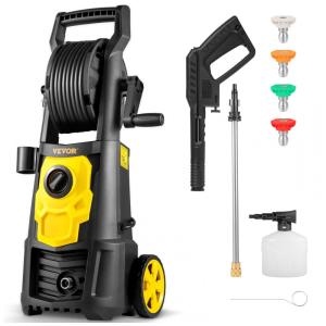 Lavadora de Alta Pressão Elétrica VEVOR Preta e Amarela Mangueira 6 m Carretel 2000 PSI 1,65 GPM