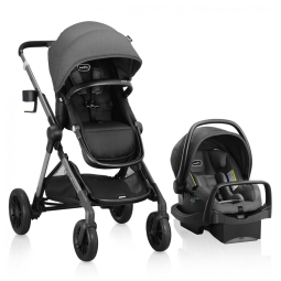 Carrinho de Bebê Travel System Modular com Assento de Carro Infantil LiteMax, Barra Anti-Rebote e 23 Configurações, Evenflo, Cinza