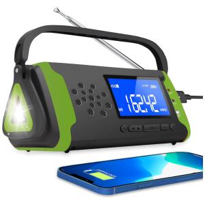 Rádio AM, FM, NOAA Manivela Solar Recarregável Carregador USB Entrada Auxiliar SOS Lanterna