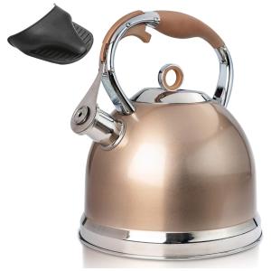 HIHUOS Chaleira 2L com Apito e Cabo ergonômico, Aço Inoxidável, Ouro