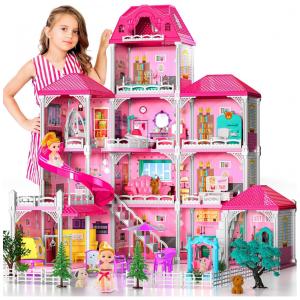Casa de Bonecas com 12 Quartos e Cômodos Customizáveis para Crianças de 3 Anos ou Mais, TEMI, Rosa