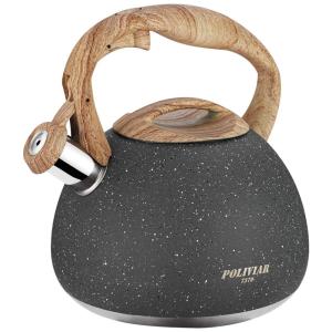 Poliviar Tea Kettle, 2.7 Quart Natural Stone Finish with Wood Pattern Handle Loud Whistle Food Grade Stainless Steel Teapot, Anti Hot Handle