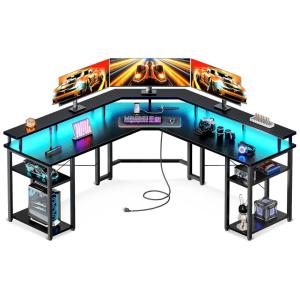 Mesa Gamer em Formato de L, 56" 142 cm com Prateleiras de Armazenamento, Tomadas e Luz LED, 110V, Coleshome