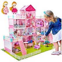 Casa de Bonecas com 2 Bonecas e Outros Acessórios para Crianças de 3 Anos a 8 Anos, UNIH, Rosa