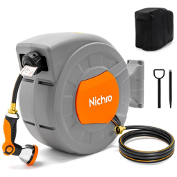 Mangueira de Jadim 30M com Enrolador Retrátil, Tampa, Bico 10 Padrões de Pulverizador e Rebobinamento Automático, Nicro, Cinza e Laranja