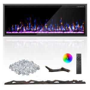 Lareira Elétrica de 127 cm, Ultrafina, Embutida ou de Parede, Troncos, Madeira Flutuante ou Cristais, Controle Remoto, Termostato